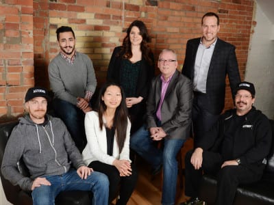 From left to right: Paul Eizerman, senior designer; Sean Karoonian, brand & digital director; Jennifer Chia, vice president of business development; Julia Lueck, director of account management; Mike Heffernan, vice president of operations; Dale Morgan, CEO; Tony Pereira, shop foreman.