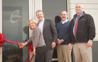Echelon Design, Inc. cuts the ribbon its new corporate office in Gilberts, Illinois. Left to Right: Pam Harman (Echelon), Reid Harman (Echelon President), Gilberts Village Assistant Administrator Bill Beith, Gilberts Village President Rick Zirk