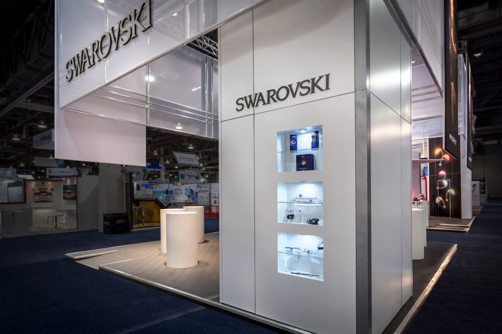 A monolithic structure 20' overhead defined the space of the Misfit booth at International CES 2015.