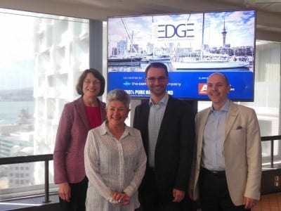 Jan Tonkin, Mathias Posch, and Michel Neijmann with Leonie Ashford, International Bid Manager for Tourism New Zealand Business Events.